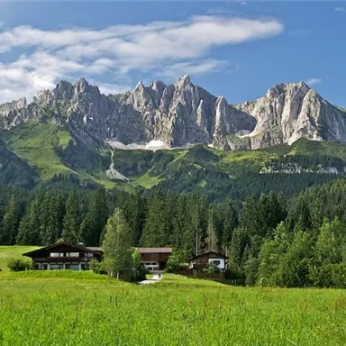 Eine beeindruckende Berglandschaft mit hohen Gipfeln und üppigen Wäldern. Im Vordergrund stehen traditionelle alpine Häuser auf einer grünen Wiese.