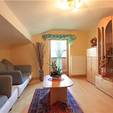 Ein gemütliches Wohnzimmer mit zwei grauen Sofas und einem Holztisch. An einem Fenster steht eine Pflanze, und ein Fernseher ist im Raum platziert.
