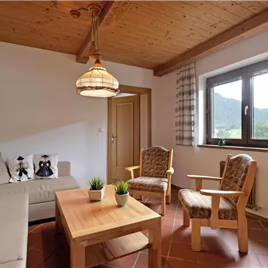 Ein gemütliches Wohnzimmer mit einem hellen Sofa und zwei Holzstühlen. Große Fenster bieten einen Blick auf die Landschaft.