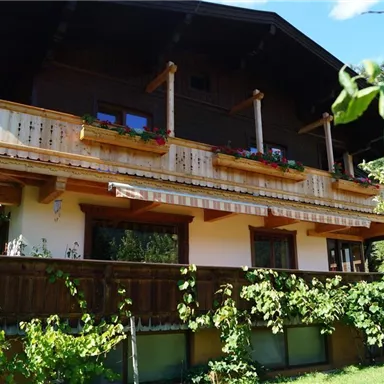 A charming wooden house with a balcony and blooming plants. Surrounded by green trees and shrubs, it exudes an inviting atmosphere.