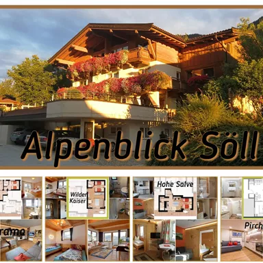 A beautiful chalet in the Alps, surrounded by trees and flowers. Below are images of various rooms and floor plans.