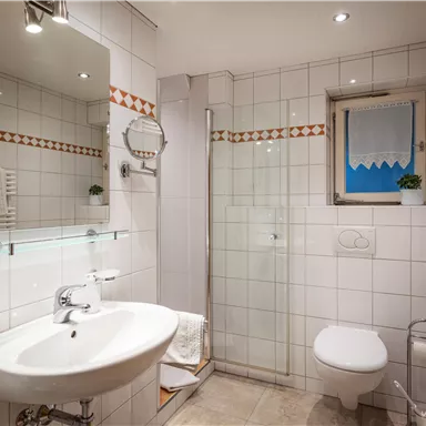 Ein modernes Badezimmer mit einer Duschkabine und einem Waschbecken. Die Wände sind gefliest und es gibt ein Fenster mit einer kleinen Pflanze.