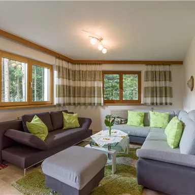 Ein modernes Wohnzimmer mit gemütlichen Sofas in Grautönen und grünen Kissen. Große Fenster lassen viel Tageslicht herein und zeigen eine grüne Umgebung.