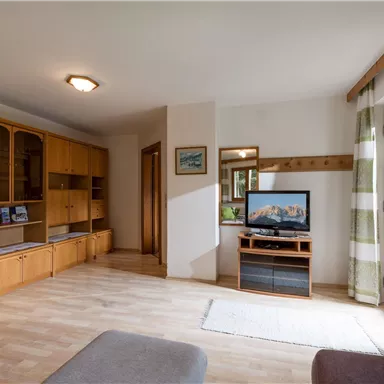 Ein gemütliches Wohnzimmer mit Holzregalen und einem Fernseher. Große Fenster mit Vorhängen lassen viel Licht herein.