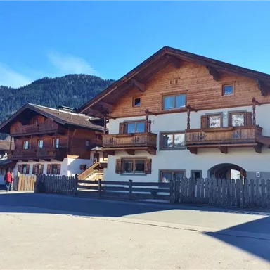 Ein malerisches Alpen-Dorf mit traditionellen Holzhäusern. Im Hintergrund sind grüne Berge unter einem blauen Himmel zu sehen.