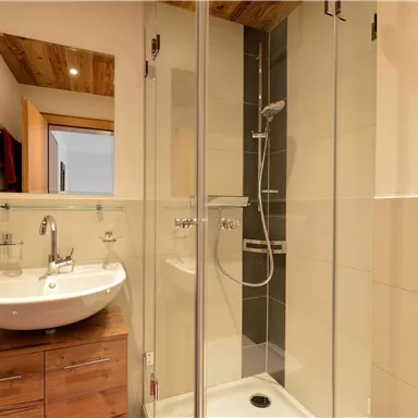 Ein modernes Badezimmer mit einer Dusche und einem Waschbecken. Die Wände sind hell mit einem Holzdeckelement.