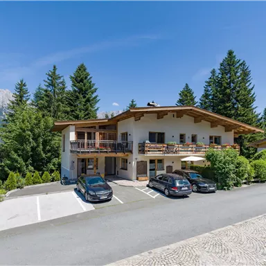A charming building in the mountains surrounded by trees. The street in front of the house is lined with several parked cars.