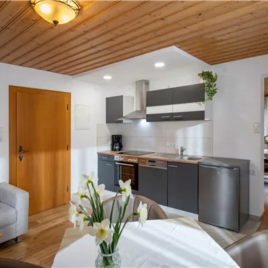 Eine moderne Küche mit einem Essbereich und einem gemütlichen Wohnraum. Der helle Raum hat Fenster mit Blick nach draußen und eine Holzdecke.