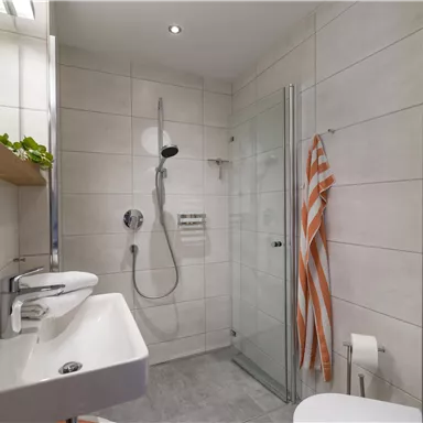 Ein modernes Badezimmer mit einer Dusche und einem Waschtisch. An der Wand hängt ein Handtuch und es gibt Pflanzen für einen frischen Akzent.