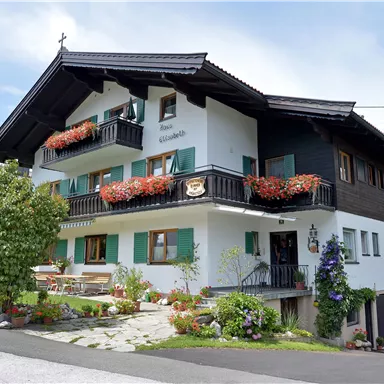 A charming building in alpine style with flower boxes and green shutters. The entrance is surrounded by well-kept plants.
