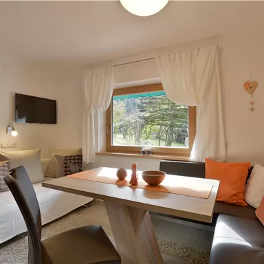 Ein gemütlicher Wohnraum mit einem Tisch und Sitzgelegenheiten. Große Fenster sorgen für viel Tageslicht und Blick ins Grüne.