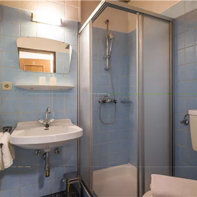 A small bathroom with blue tiles. It contains a shower cabin, a sink, and a toilet.