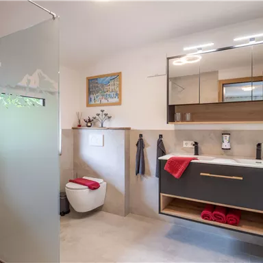 A modern bathroom with a shower, a sink, and a wall-mounted toilet. Colorful towels and a mirror complement the elegant furnishings.