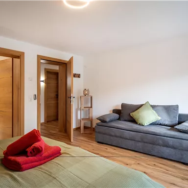 A modern bedroom with a comfortable sofa bed and wooden flooring. The walls are light, and the room feels friendly and inviting.