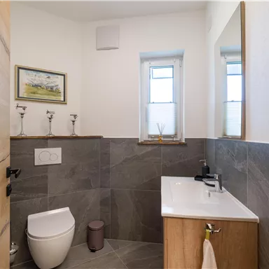 A modern bathroom with a stylish toilet and a sink. The walls are painted in gray and there are windows for natural light.