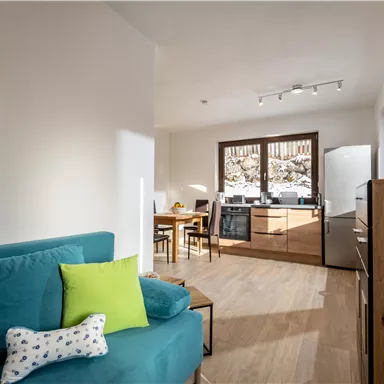 A bright and modern living room with a blue sofa and a green cushion. The open kitchen in the background is well-equipped and invites cooking.