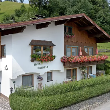 A traditional Alpine house with flower boxes and a well-kept garden. In the background, green hills and forests can be seen.