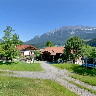 An idyllic landscape with deep green grass and trees. In the background, impressive mountains can be seen, while some huts stand in the foreground.