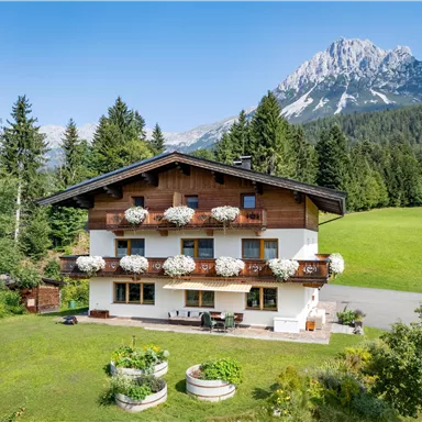 Ein charmantes Alpenhaus mit Blumenkästen und einem großen Garten. Im Hintergrund sind majestätische Berge und ein klarer Himmel zu sehen.