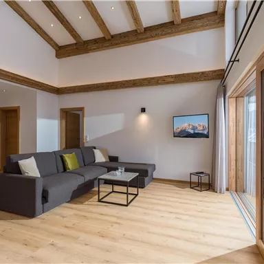 Ein modernes Wohnzimmer mit hohen Holzdecken und einem gemütlichen Sofa. Große Fenster bieten einen Blick auf die Landschaft und viel natürliches Licht.