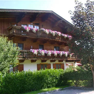 A cozy wooden house with balconies adorned with colorful flowers. Surrounded by green bushes and trees.