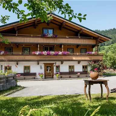 A charming house in alpine style with colorful flowers on the balconies. Surrounded by green landscape and mountains in the background.