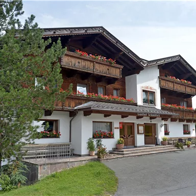 A charming alpine house with wooden balustrades and blooming flowers on the balconies. Surrounded by green landscape and trees.