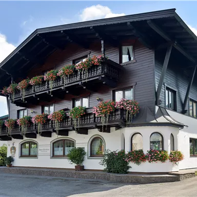 A traditional alpine house with a wooden facade and blooming balconies. It is surrounded by green grass and has a clear blue sky in the background.