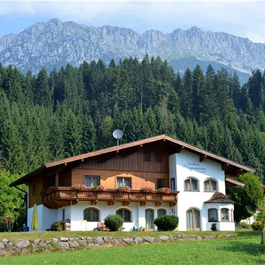 A picturesque house surrounded by green forests and mountains. The sky is clear and the landscape is idyllic.