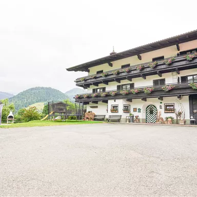 A traditional alpine house with several balconies and blooming flower boxes. In the background, gentle mountains and a green meadow can be seen.