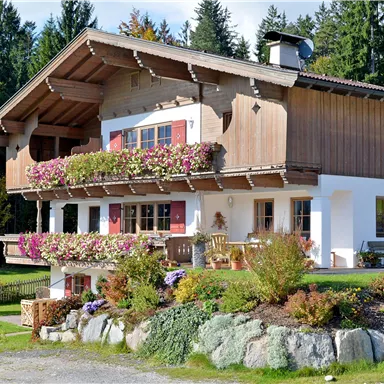 A typical Alpine house with wooden cladding and colorful flowers on the balcony. Surrounded by green meadows and trees.