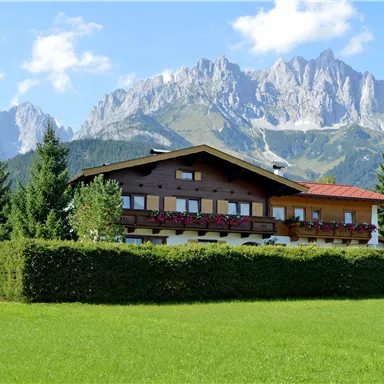 A traditional chalet-style house surrounded by green meadows and trees. In the background, majestic mountains rise under a blue sky.