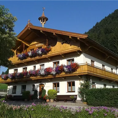 A traditional wooden house with a beautiful balcony adorned with colorful flowers. Surrounded by green trees and mountains in the background.