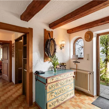 An inviting entrance area with cozy wooden interior and a decorative piece of furniture. A green landscape is visible through the window.