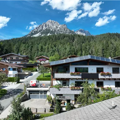 A picturesque mountain landscape with green forests and majestic peaks. In the foreground are traditional houses with flower balconies. The Wild Emperor in the background.