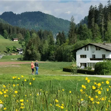 Eine malerische Landschaft mit grünen Wiesen und Bergen im Hintergrund. Zwei Personen stehen in der Nähe eines Hauses und genießen die Natur.