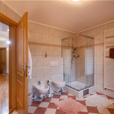 A modern bathroom with a glass shower and two sanitary facilities. The room is bright and well-lit with a wooden floor.