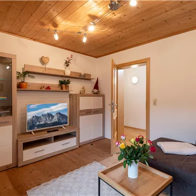 A cozy living room with a modern TV setup and a comfortable couch. The room has wooden paneling and offers a friendly atmosphere.
