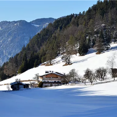 A winter landscape with a house on a snow-covered meadow. In the background, snow-capped mountains and coniferous trees can be seen.