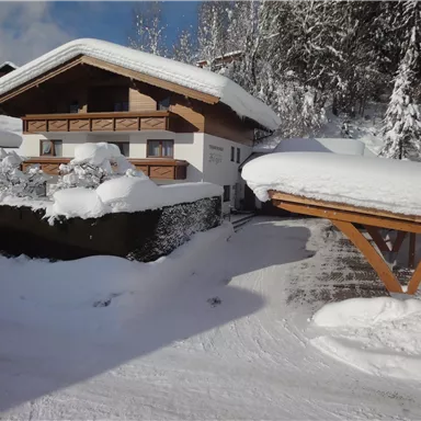 A cozy house in the snow, surrounded by a winter landscape. The snow-covered roofs and trees create a tranquil atmosphere.