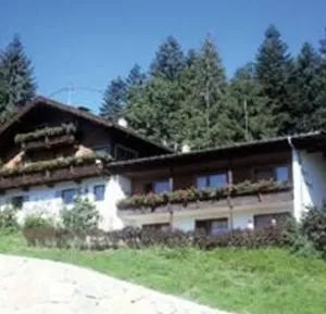 A cozy house in the mountains, surrounded by green trees. The balconies are decorated with flowers and blend harmoniously into the landscape.