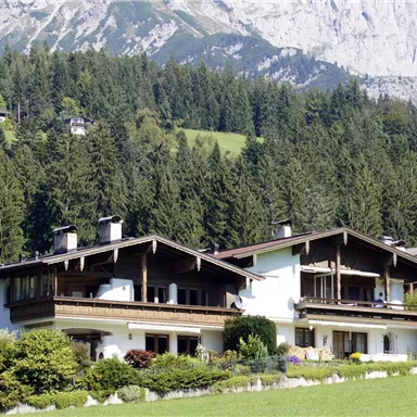 Ein wunderschönes Gebäude in den Bergen, umgeben von dichten Wäldern. Im Hintergrund sind hohe Berge sichtbar.