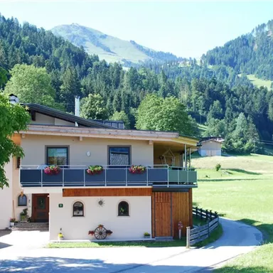 A beautiful house in a green landscape with mountains in the background. The surroundings are friendly and inviting.