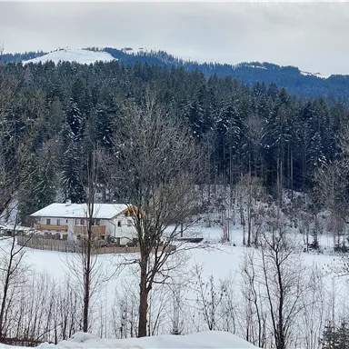 Eine schöne Schneelandschaft mit einem weißen Haus und schneebedeckten Bäumen. Im Hintergrund sind bewaldete Berge zu sehen.