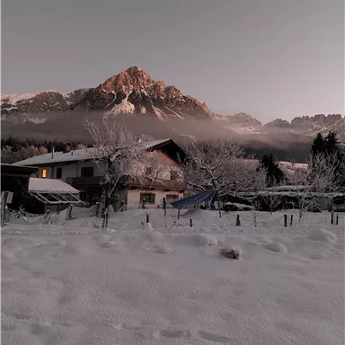 Eine verschneite Landschaft mit einem majestätischen Berg im Hintergrund. Im Vordergrund sieht man ein Haus und gefrorene Bäume im Winterlicht.