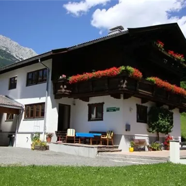 A cozy house in alpine style with a flower-filled balcony. In the background, green meadows and mountains are visible.