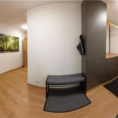 Ein moderner Eingangsbereich mit Holzfußboden und zwei Türen. An der Wand hängen ein paar Bilder von Bäumen.