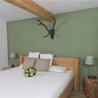 A cozy bedroom with a wooden bed and neutral pillows. A deer head hangs on the wall, and a lamp sits on the nightstand.