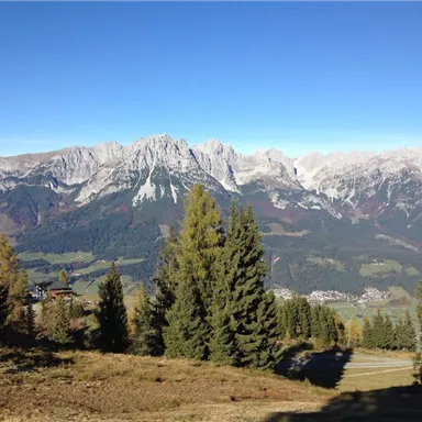 An impressive mountain landscape with high mountains and a clear sky. Trees frame the view of the valley and the surrounding peaks.