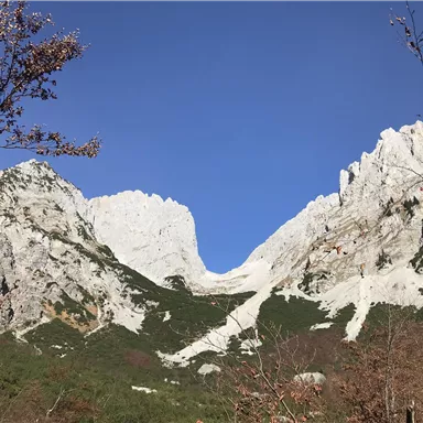 An impressive mountain landscape with steep, white cliffs and a clear, blue sky. In the foreground, green terrain and dry trees can be seen.